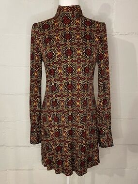 Nieves Lavi Red and Black Geometric Mock Neck Mini Dress